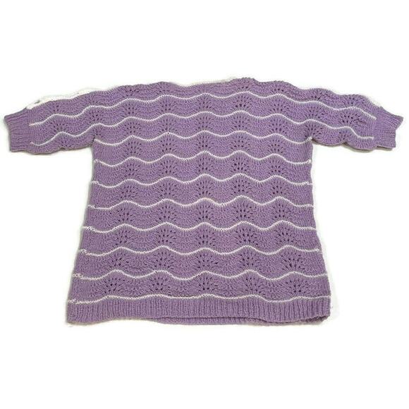 Womens M L Hand Knit Handmade Purple Short Sleeve Sweater Grannycore Cottage - Picture 8 of 12